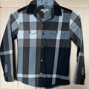 Burberry Men's Plaid Shirt in Black, Gray, and White